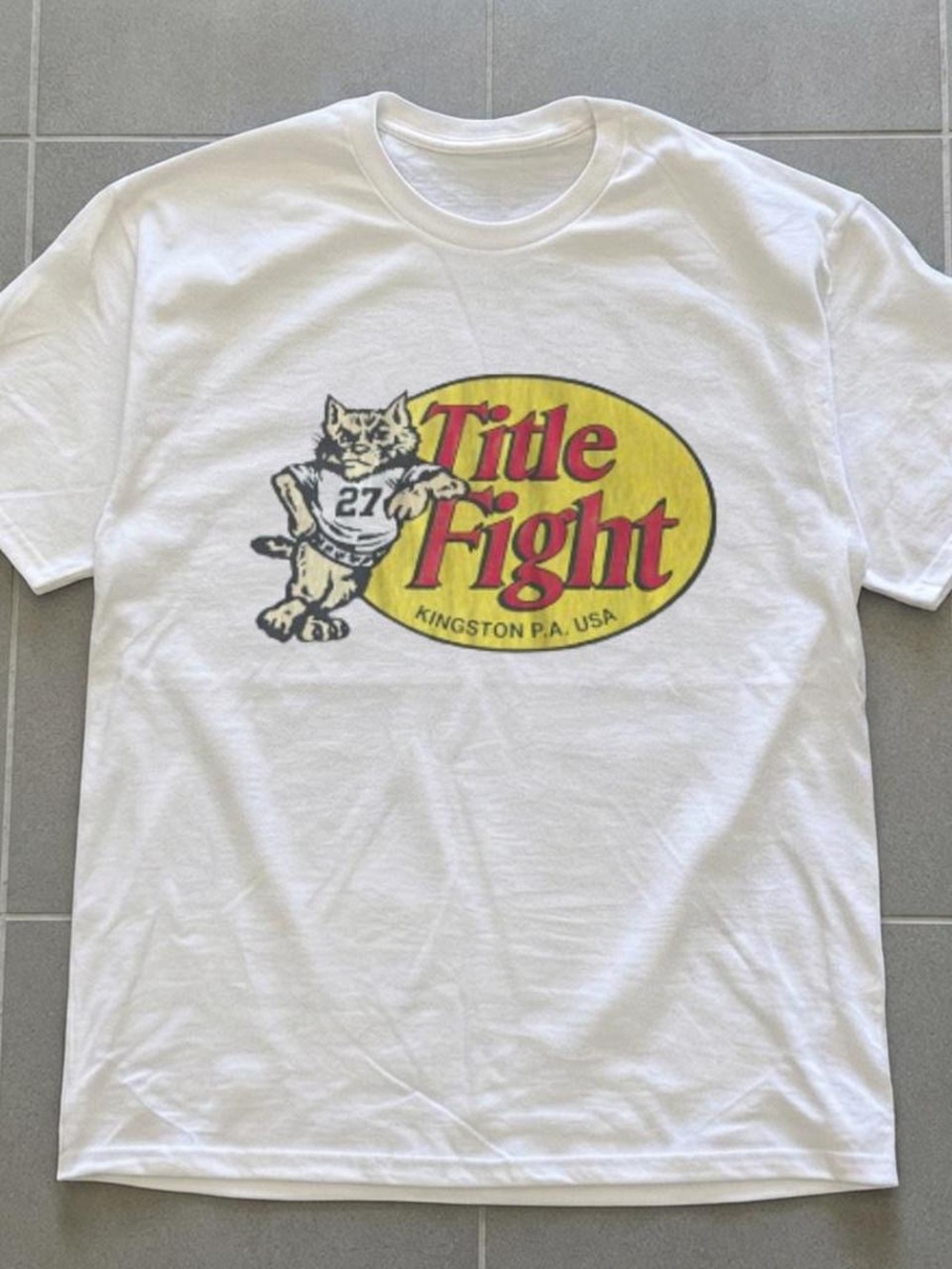 Gildan White Title Fight Graphic Tee with Yellow & Red Logo